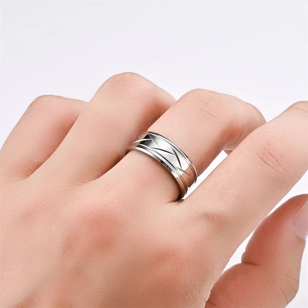 Fashion Men’s Silver Color Black Stainless Steel Ring Groove Multi-Faceted Rings for Men Women Engagement Ring Anniversary Gifts
