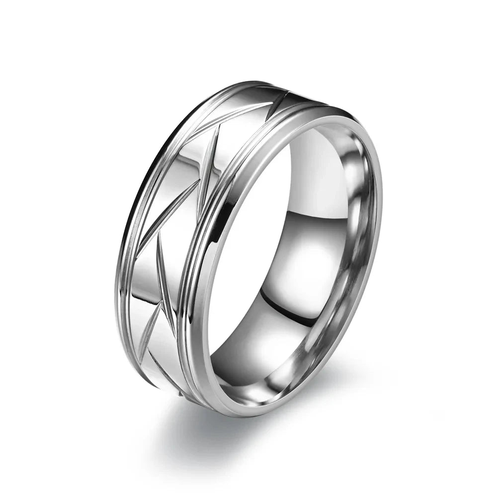 Fashion Men’s Silver Color Black Stainless Steel Ring Groove Multi-Faceted Rings for Men Women Engagement Ring Anniversary Gifts