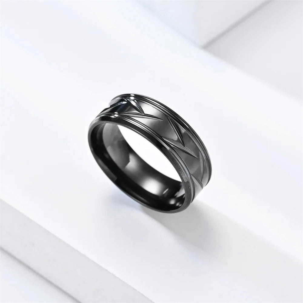 Fashion Men’s Silver Color Black Stainless Steel Ring Groove Multi-Faceted Rings for Men Women Engagement Ring Anniversary Gifts