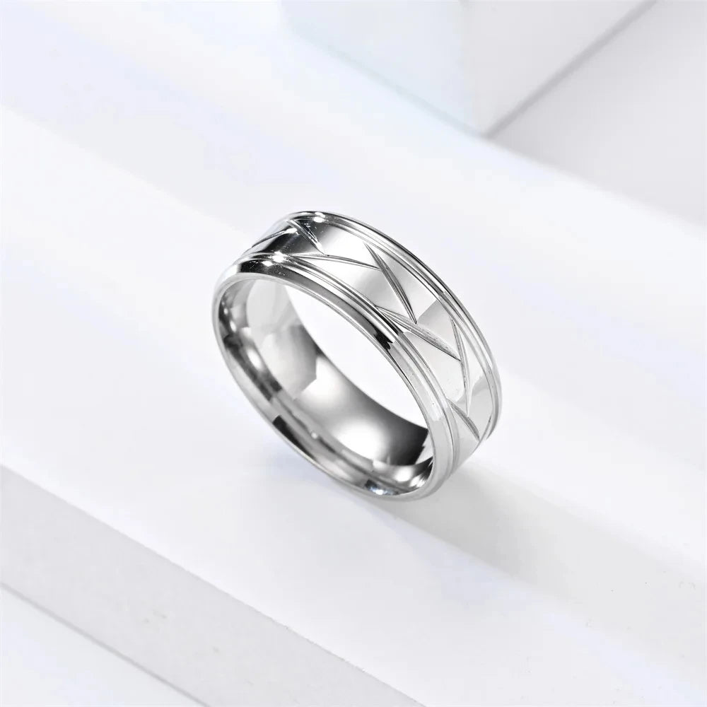 Fashion Men’s Silver Color Black Stainless Steel Ring Groove Multi-Faceted Rings for Men Women Engagement Ring Anniversary Gifts